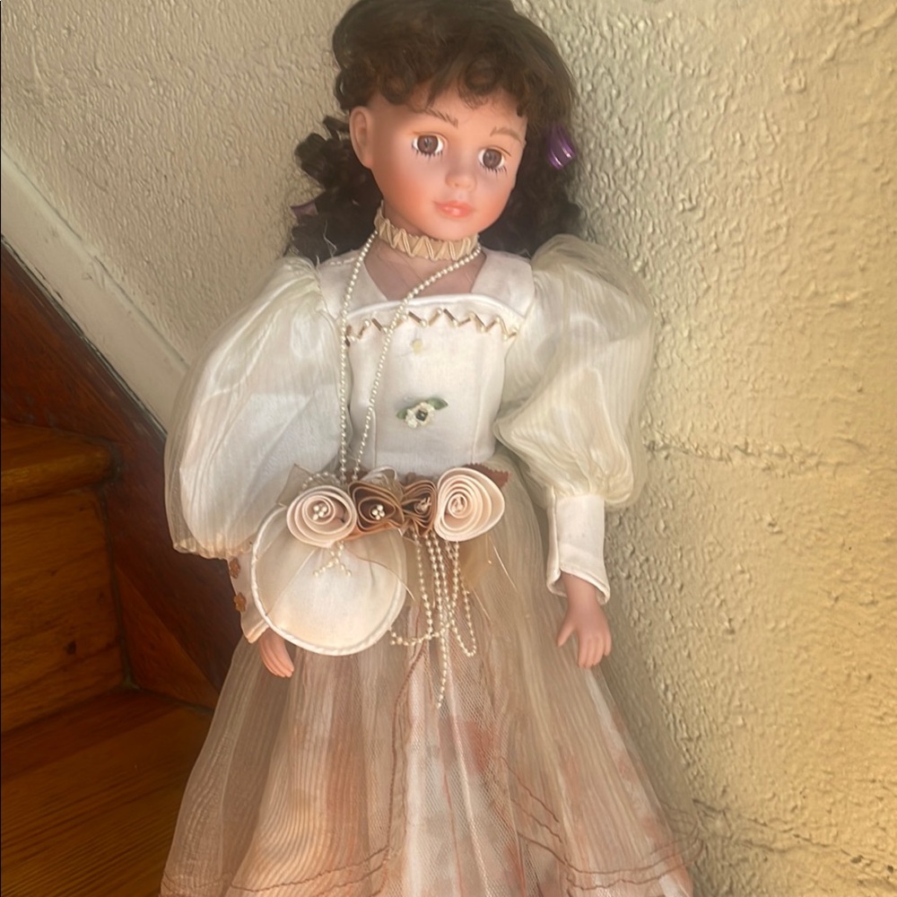 Vintage White and Brown Porcelain Doll with Accessories